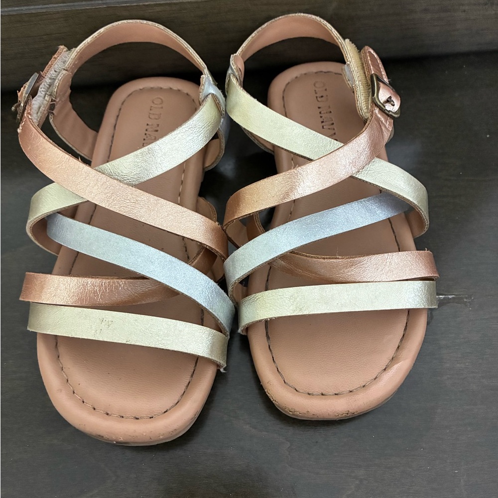 Old Navy Girls Metallic Multi-Striped Sandals - Rose Gold, Silver, gold